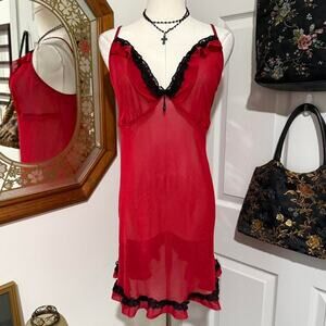 Cacique Sheer Red & Black Lace Trimmed Vampy Dark Coquette Mini Lingerie Slip